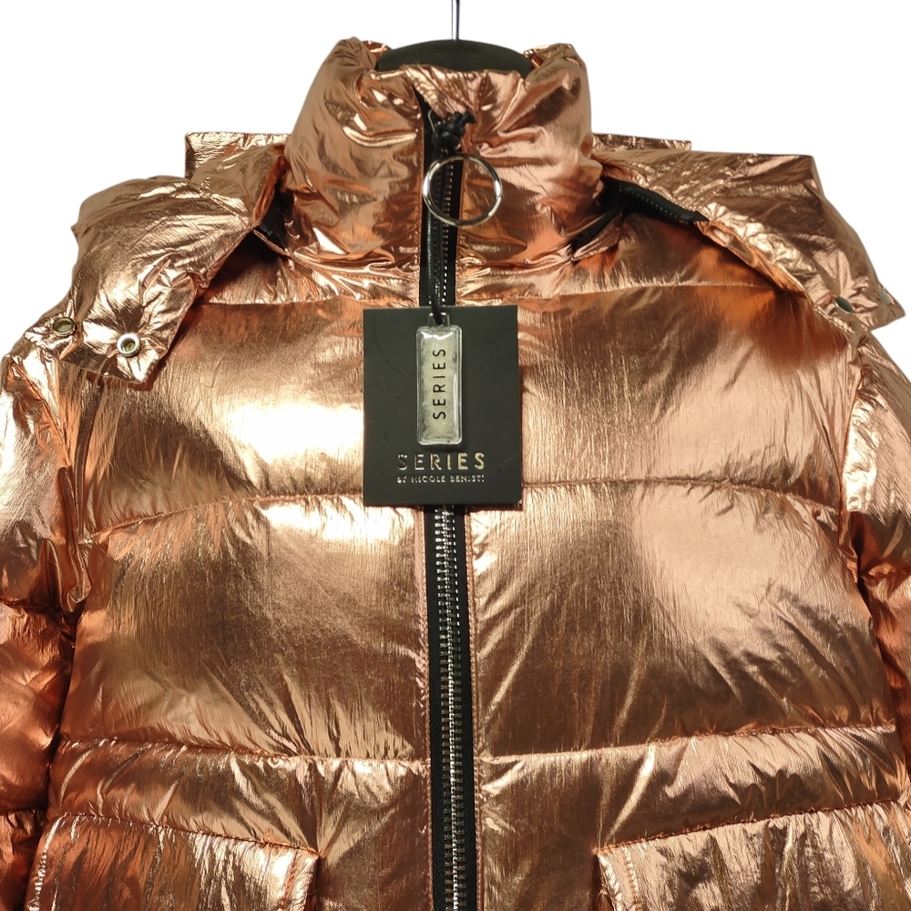 NWT Series By Nicole Benisti Metallic Pink Duck Down Hooded Puffer Jacke Size XS - Picture 3 of 9